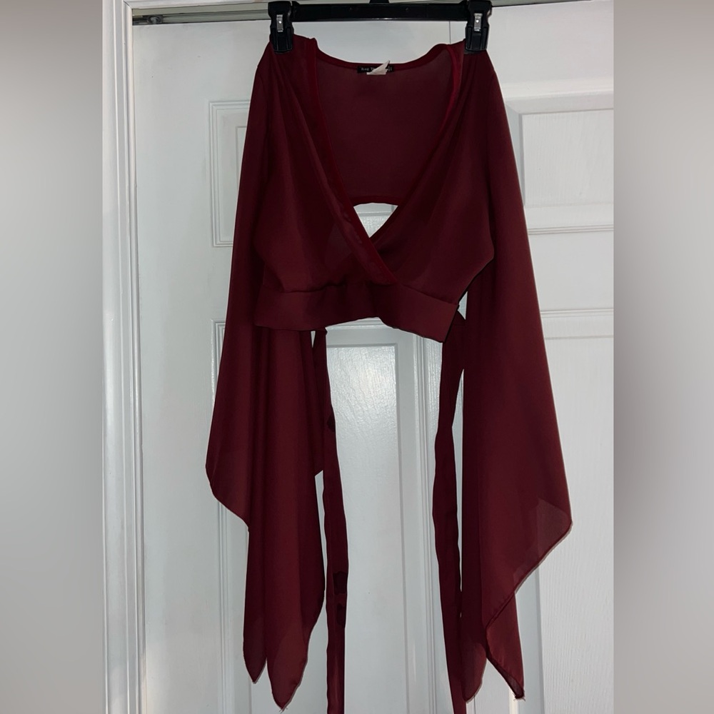 Rag Therapy Burgundy Chiffon Wrap Crop Top – Dramatic Bell Sleeves – L